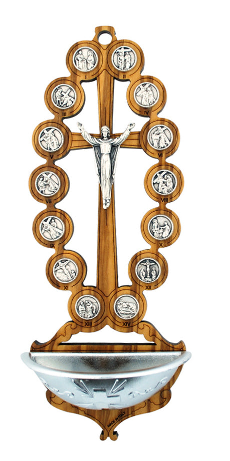 Olive Wood Stations of the Cross Holy Water Font (Beaded-Style)