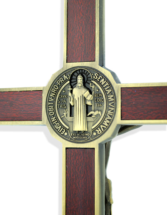 Deluxe Catholic Saint Benedict Wall Crucifix (Antique Brass)
