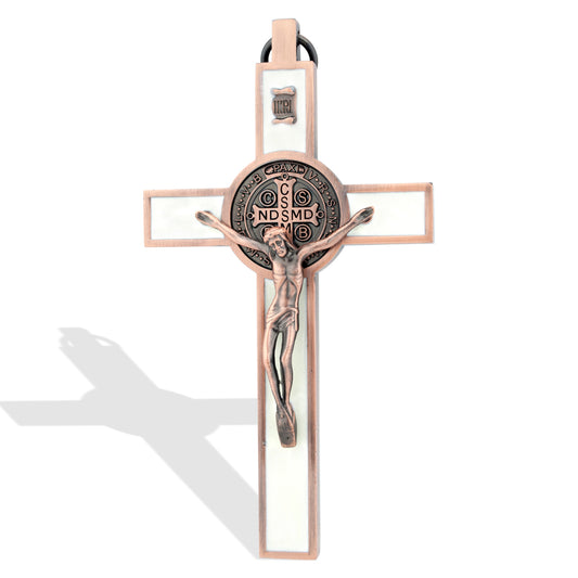 Deluxe Catholic Saint Benedict Wall Cross - Antique Copper Finish with White Enamel