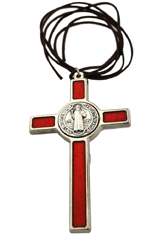 3" Colored Enamel St. Benedict Crucifix with Round St. Benedict Medal, Cord, and Booklet (Silver-tone w/ red enamel)