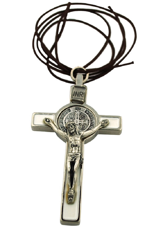 3" Colored Enamel St. Benedict Crucifix with Round St. Benedict Medal, Cord, and Booklet (Silver-tone w/ white enamel)