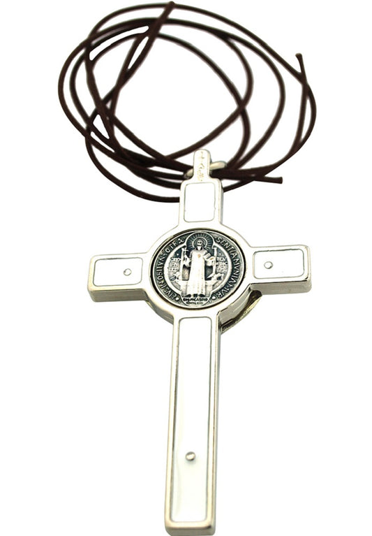 3" Colored Enamel St. Benedict Crucifix with Round St. Benedict Medal, Cord, and Booklet (Silver-tone w/ white enamel)