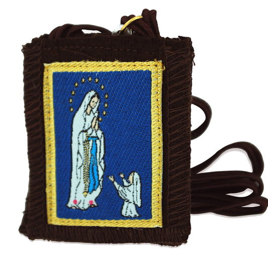 Authentic Catholic Scapular - 100% Wool (Our Lady of Lourdes w/ Brown Cord)