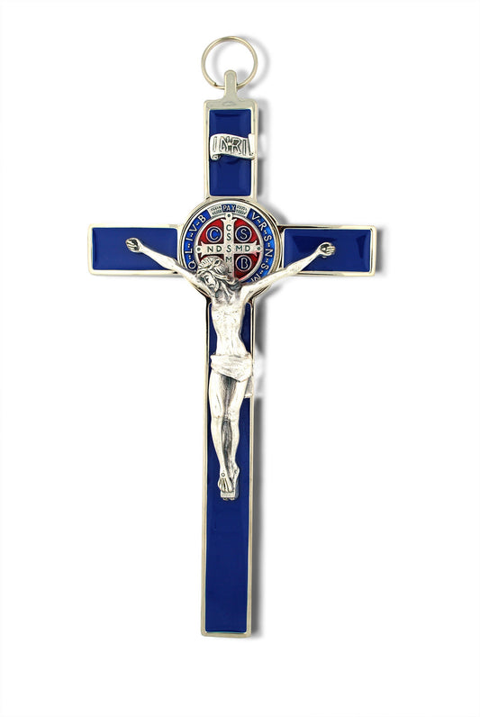 Saint Benedict Wall Crucifix with Colored Enamel (Silver-Blue)
