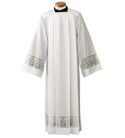 Silky Smooth Poplin Alb with 5" Lace Bands and Latin Cross IHS Embroidery – Elegant Clergy Vestment - Large