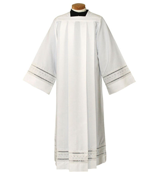 White Embroidered Eyelet Alb with Square Neck – 100% Polyester Liturgical Garment -X-Small