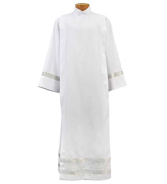 Deacon Alb, ilver Embroidered Band – Washable, Non-Tarnishing | Standard & Ample Cuts -Large