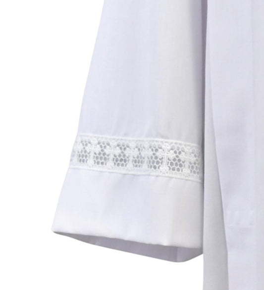 Tropical Weight Poly/Wool Clergy Alb with Latin Cross Lace – Washable Liturgical Alb with Button or Velcro Closures -X-Large