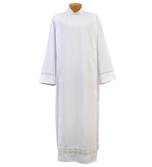 Tropical Weight Poly/Wool Clergy Alb with Latin Cross Lace – Washable Liturgical Alb with Button or Velcro Closures -X-Large