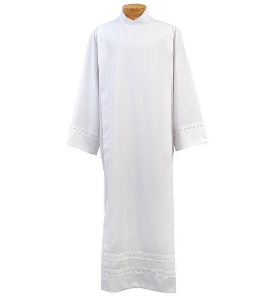 Tropical Weight Poly/Wool Blend Alb with 1.5" White Embroidered Braid – Washable Clergy Alb with Button or Velcro Closure in Standard & Ample Cut - Large