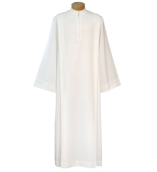 Tropical Weight Pleated Poly/Wool Clergy Alb – Washable Liturgical Alb with 12" Front Zipper, No Buttons or Velcro - Large