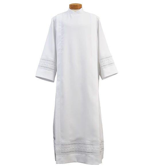 Deacon Alb, Embroidered Eyelet Alb – Washable Clerical Alb with Button or Velcro Closure - Medium