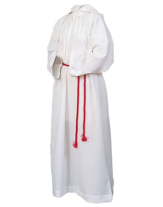 Youth Server Alb with Capuche – Lightweight White Perma Press Kodel Poly/Cotton, 23" Zipper | Altar Server Robe with Optional Cincture -Small