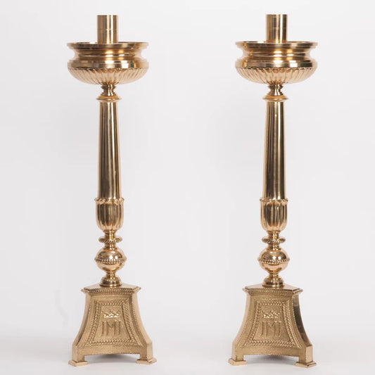 Traditional “JMJ” Altar Candlestick – 24" Polished Brass and Lacquered