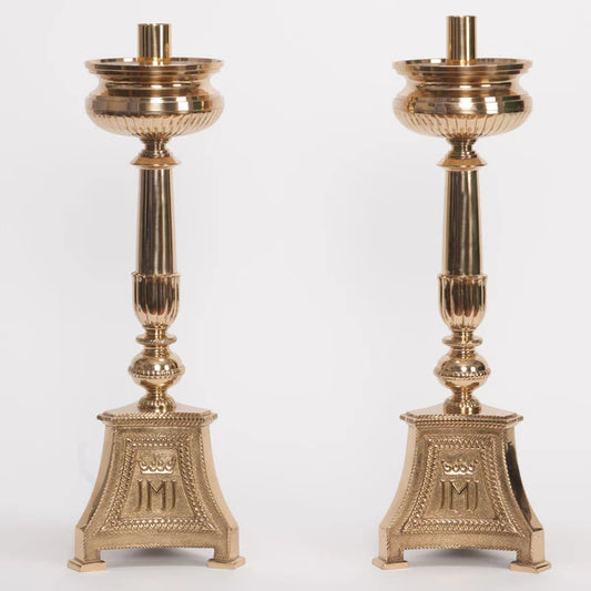 Traditional “JMJ” Altar Candlestick – 18" Polished Brass and Lacquered