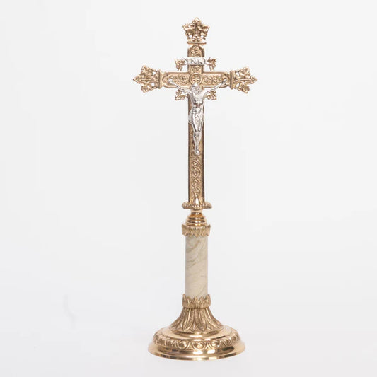 Brass Altar Cross with Marble Stem | 14 1/2" Traditional Catholic Crucifix with Silver Plated Corpus and INRI