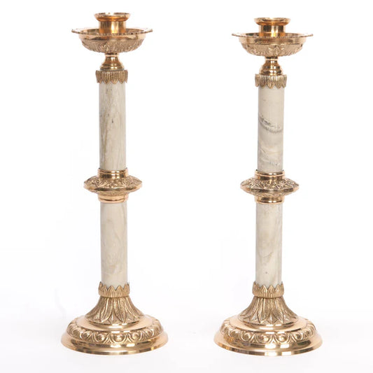 Marble & Brass Altar Candlestick – 12" Polished Brass with Marble Stems