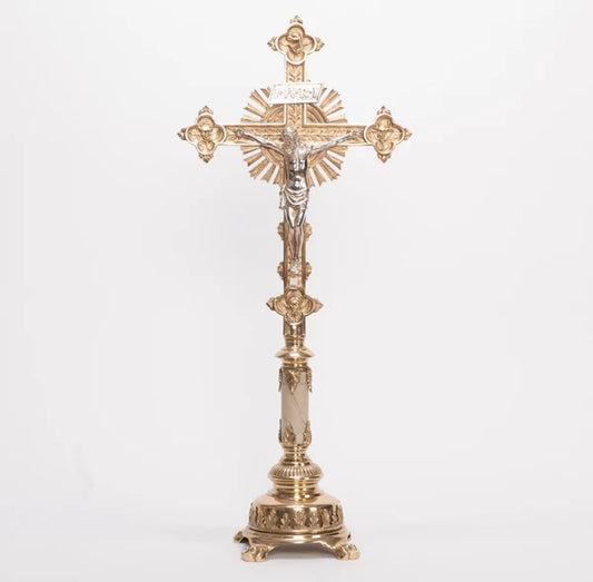 Marble Stem Altar Cross | 30" Traditional Brass Altar Crucifix with Silver Plated Corpus and INRI