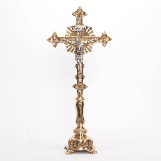 Brass Stem Altar Cross | 30" Traditional Catholic Crucifix with Silver Plated Corpus and INRI