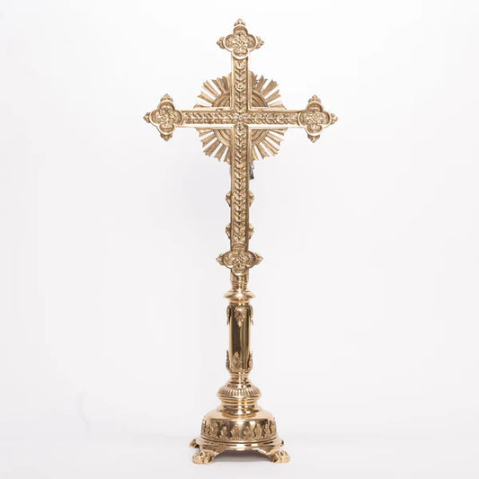 Brass Stem Altar Cross | 30" Traditional Catholic Crucifix with Silver Plated Corpus and INRI