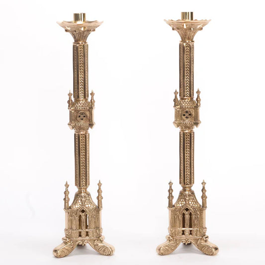 Traditional French Gothic Altar Candlestick – Brass Church Candle Holder | Polished & Lacquered | Matches H-118 Altar Cross