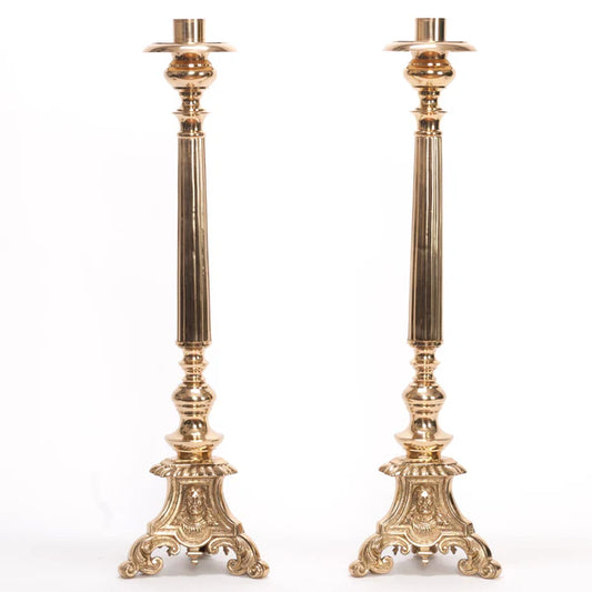 Traditional Altar Candlestick – Brass Church Candle Holder | Polished & Lacquered | Matches H-119B Altar Cross