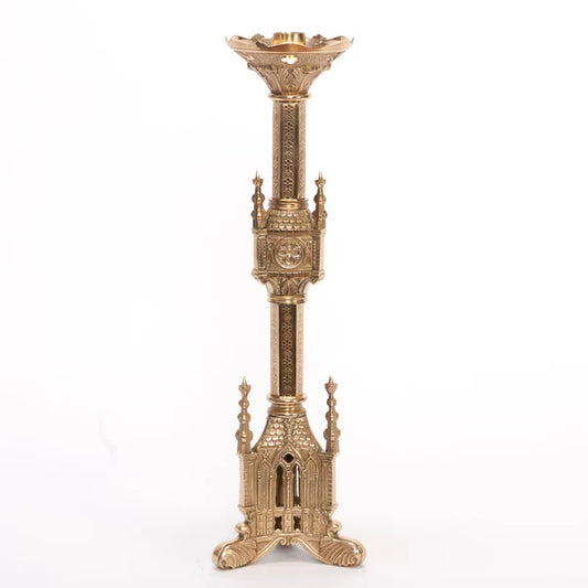Traditional Gothic Altar Candlestick – Brass Church Candle Holder | Polished & Lacquered | Matches H-118 Altar Cross & Gothic Altar Furnishings
