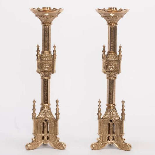 Traditional Gothic Altar Candlestick – Brass Church Candle Holder | Polished & Lacquered | Matches H-118 Altar Cross & Gothic Altar Furnishings