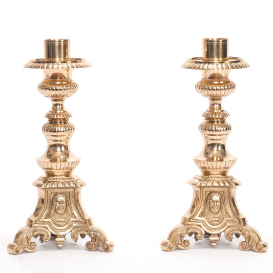 Traditional Holy Family Altar Candlestick – Brass Church Candle Holder | Polished & Lacquered | Matches