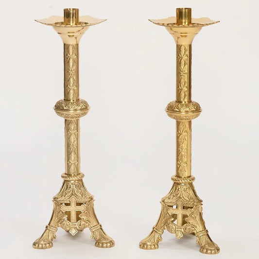 Traditional Altar Candlestick – Brass Church Candle Holder | Polished & Lacquered | Matches H-121 Altar Cross & Altar Furnishings