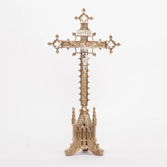 Short Gothic Style Altar Cross – 22" | Brass with Silver Plated Corpus and INRI