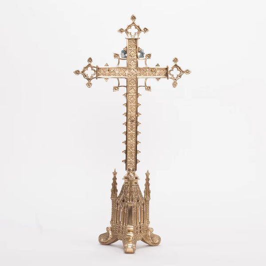 Short Gothic Style Altar Cross – 22" | Brass with Silver Plated Corpus and INRI