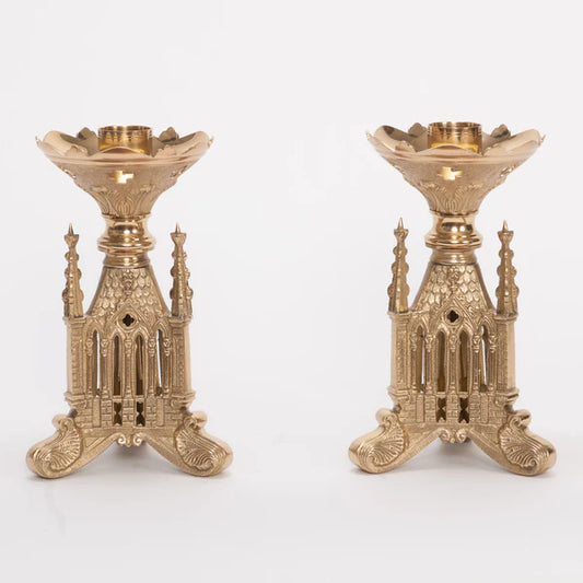 Short Gothic Candlestick | 9 3/4" Traditional Brass Candlestick with 1 1/2" Socket | Matches H-34B Altar Cross