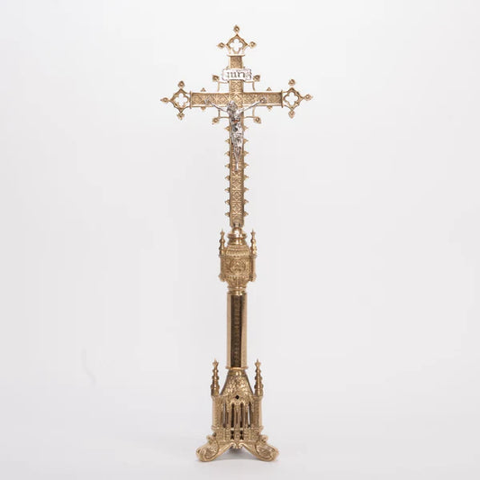 Traditional 30" Gothic Style Altar Cross | Brass or Gold Plated with Silver Plated Corpus and INRI