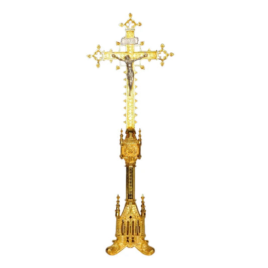 Gold Plated 30" Gothic Style Altar Cross | Silver Plated Corpus and INRI