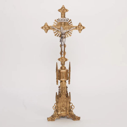 Traditional 34" Gothic Style Altar Cross | Polished Brass with Silver Plated Corpus and INRI