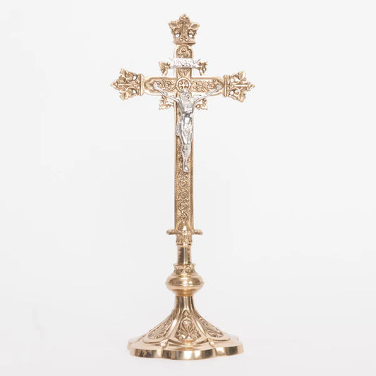 Double Sided 12 1/2" Altar Cross | Traditional Brass Cross with Double Silver Plated Corpus and INRI