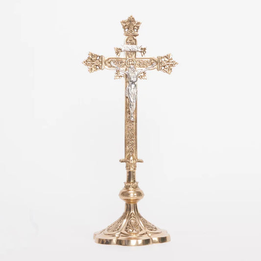 Traditional 12 1/2" Altar Cross | Polished Brass or Gold Plated with Silver Plated Corpus and INRI
