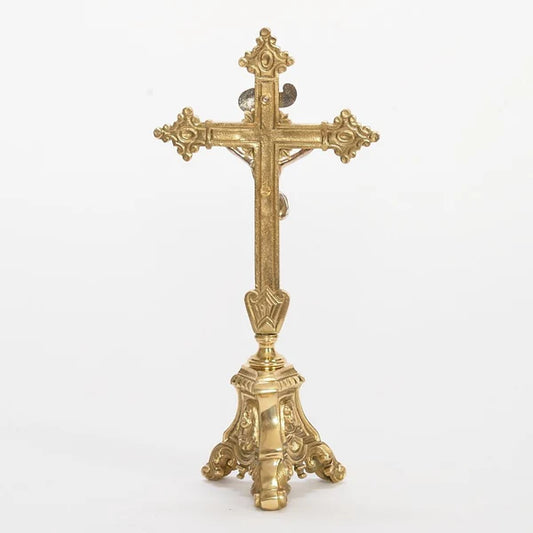 Small 11 1/2" Altar Cross | Traditional Brass Cross with Holy Family Base and Silver Plated Corpus