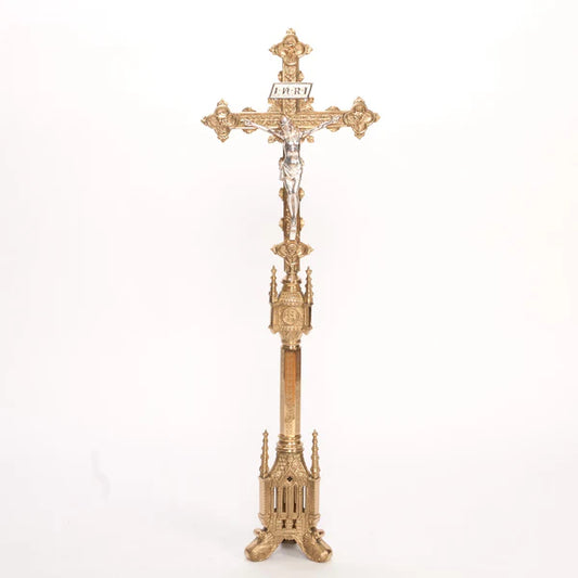 Tall 38 1/2" Altar Cross | Polished Brass with Silver Plated Corpus and INRI | Matches H-61 Altar Products
