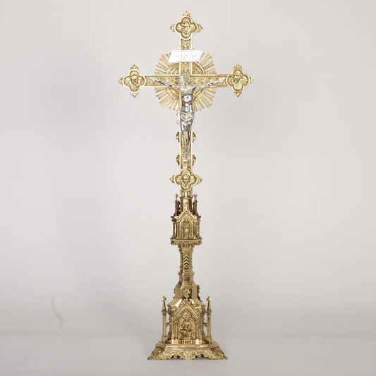 Gothic Altar Cross | Traditional French Gothic Style 33 1/2" | Polished Brass with Silver Plated Corpus and INRI