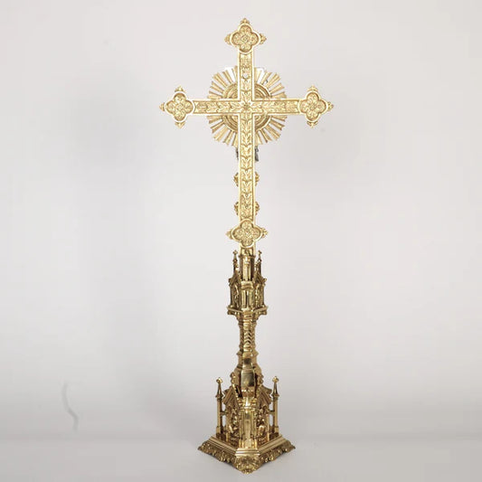 Gothic Altar Cross | Traditional French Gothic Style 33 1/2" | Polished Brass with Silver Plated Corpus and INRI