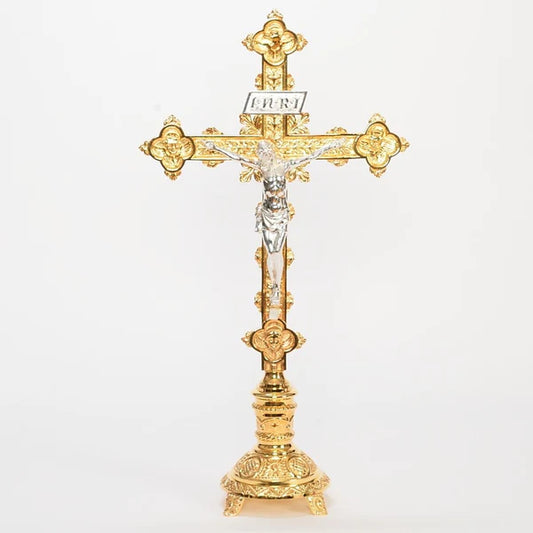 Gold Plated 31" Altar Cross | Traditional Catholic Crucifix with Silver Plated Corpus and INRI