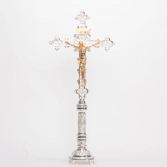Silver Plated 31" Altar Cross | Traditional Catholic Crucifix with Gold Corpus and INRI | Matches H-98 Altar Products