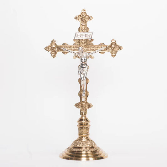 Short 24" Altar Cross | Brass with Silver Plated Corpus and INRI | Matches H-98 Altar Products