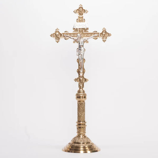 Altar Cross with Silver Corpus | 31" Traditional Brass Altar Crucifix with INRI