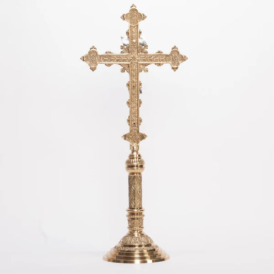 Altar Cross with Silver Corpus | 31" Traditional Brass Altar Crucifix with INRI