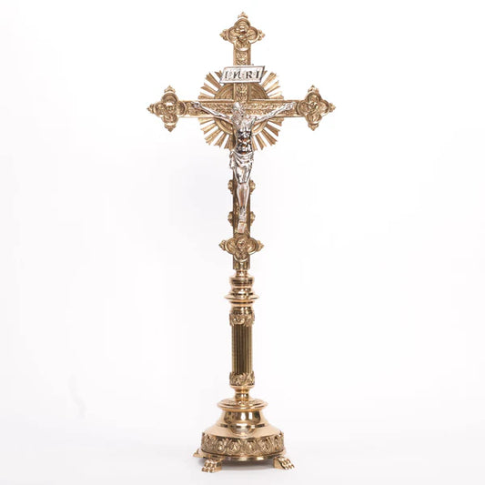 Ridge Stem Altar Cross | Polished Brass with Silver Plated Corpus and INRI | Traditional Catholic Altar Crucifix
