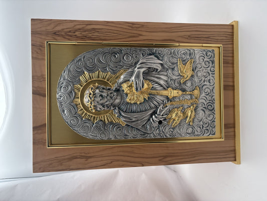 Tabernacle in Olive Wood Veneered | Sacred Altar Tabernacle with Holy Jesus Heart Panel | 30x30xH43cm