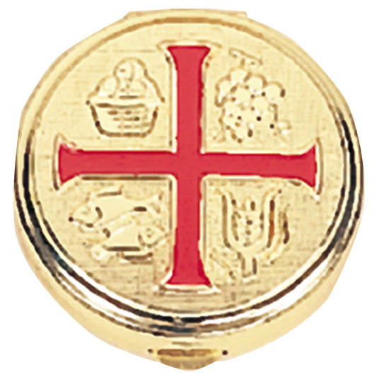 Eucharistic Pyx for Catholic Communion | Portable Host Holder for Ministers | Red enamel cross, 1-3⁄4˝ dia., 10 host cap